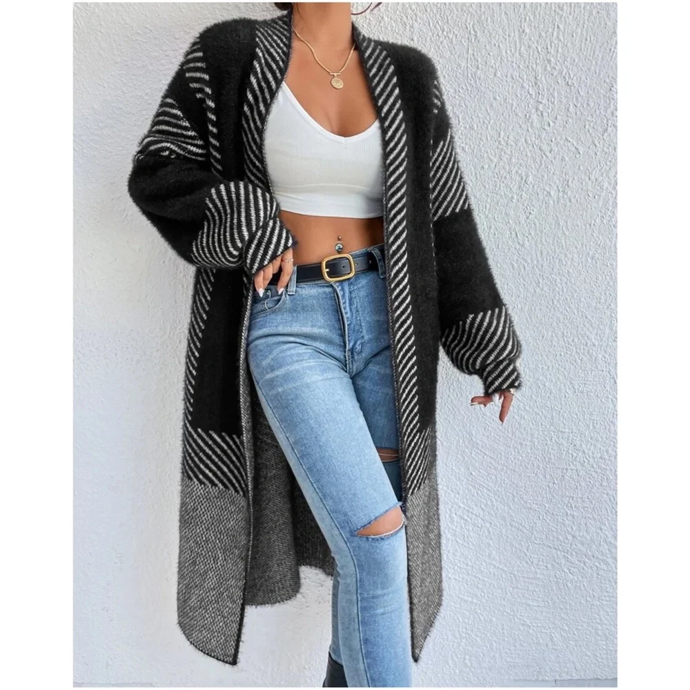 Cozy Color Block Stripes Fuzzy Open Front Cardigan - Picture 10 of 12